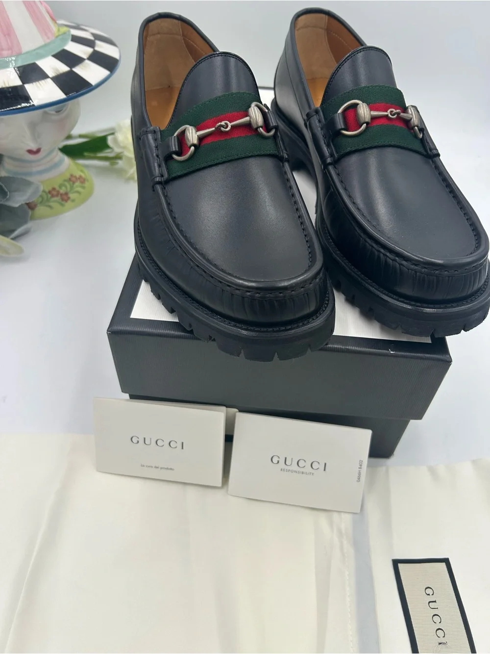 Men's Gucci lug sole web stripe horse bit loafers size 9 fits 9.5 US made Italy